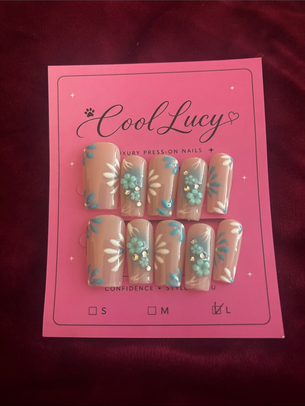 Pink Floral Press-On Nails - Blue Accent
